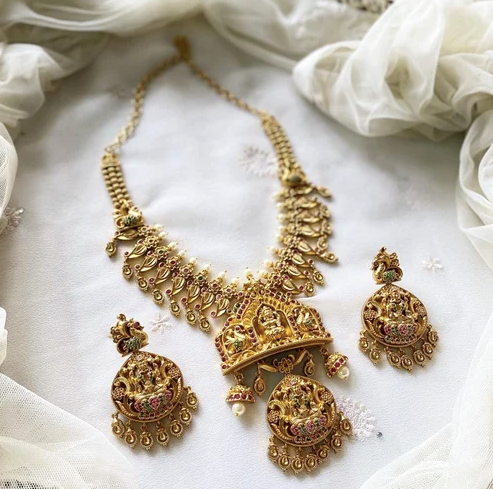 Antique matte Lakshmi peacock lotus short haaram set