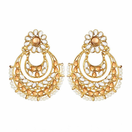 Rose Gold-Plated Kundan Earrings & Maang Tikka Set – White & Gold