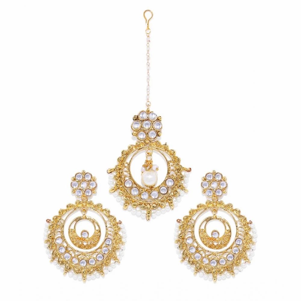 Women's Rose Gold-Plated Alloy Kundan Earrings & Maang Tikka – White