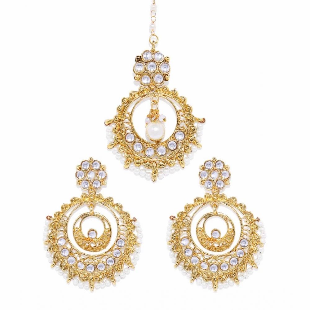 Women's Rose Gold-Plated Alloy Kundan Earrings & Maang Tikka – White