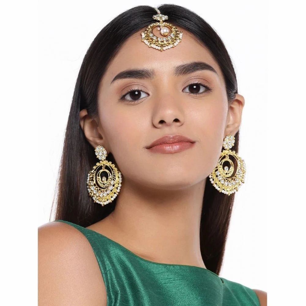 Women's Rose Gold-Plated Alloy Kundan Earrings & Maang Tikka – White