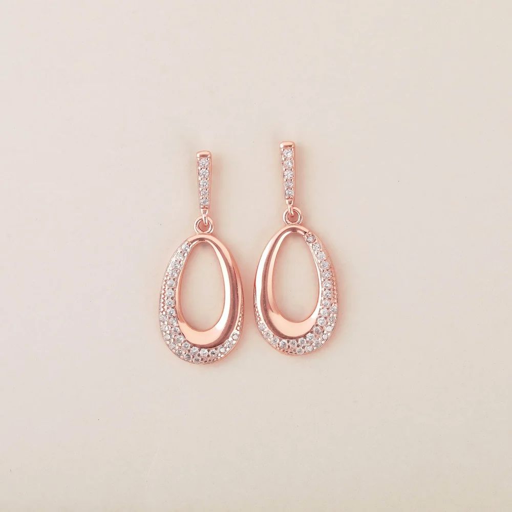 Rose Gold-Plated 925 Sterling Silver Oval Hanging Earrings