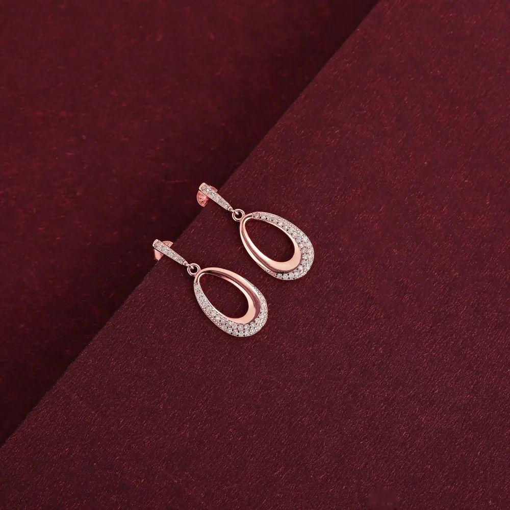 Rose Gold-Plated 925 Sterling Silver Oval Hanging Earrings