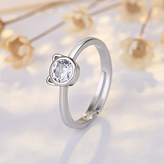 S925 White Gold-Plated Inlaid Zircon Kitten Ring