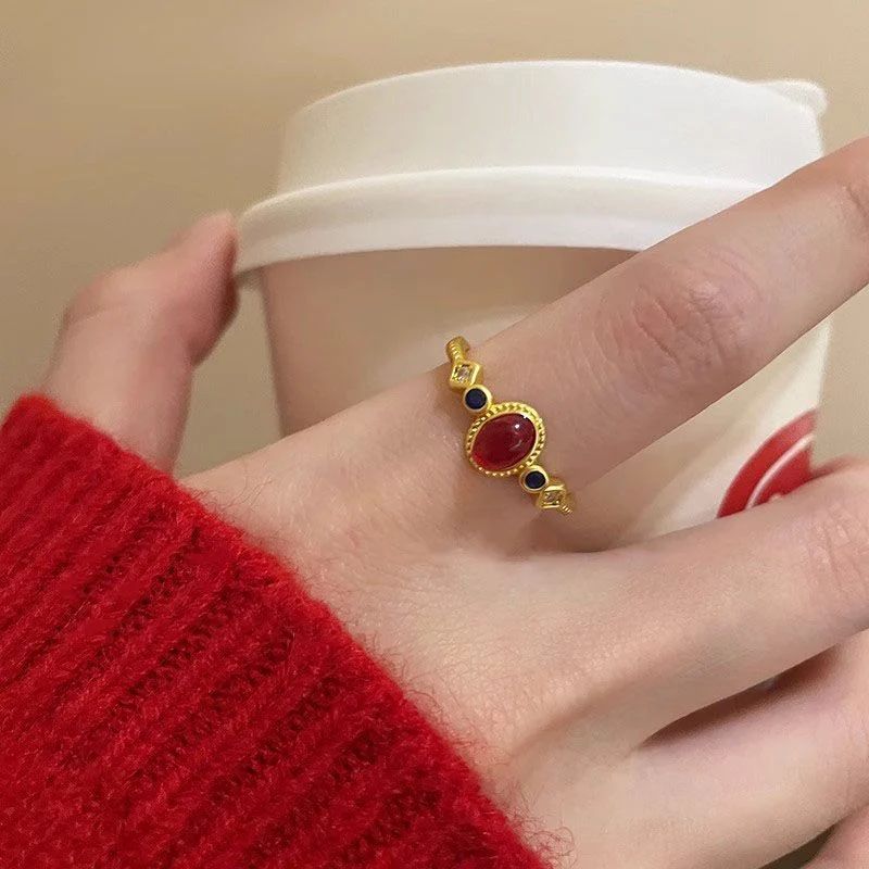 Matte Gold Enamel Ring - Retro Chinese Style Statement Jewelry