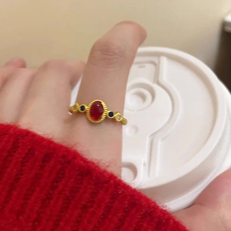 Matte Gold Enamel Ring - Retro Chinese Style Statement Jewelry