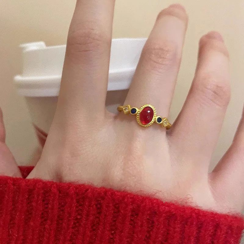 Matte Gold Enamel Ring - Retro Chinese Style Statement Jewelry