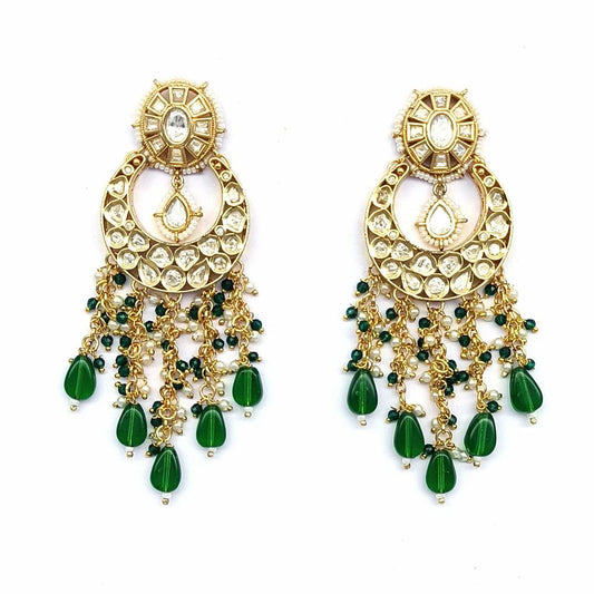 Exclusive Handmade Royal Emerald Pachi Kundan Chand Earrings