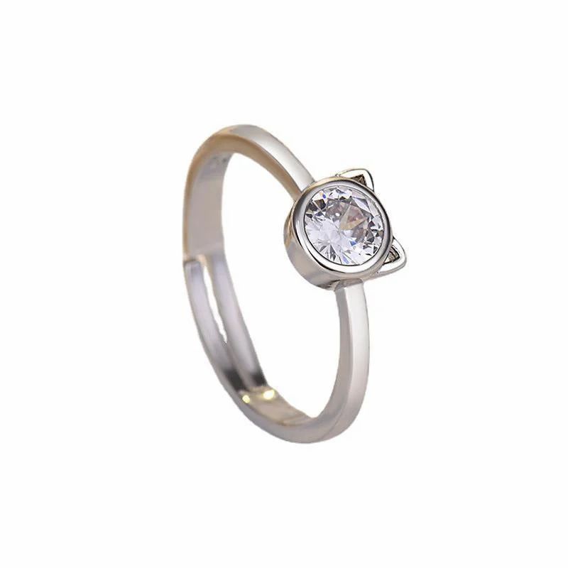 S925 White Gold-Plated Inlaid Zircon Kitten Ring