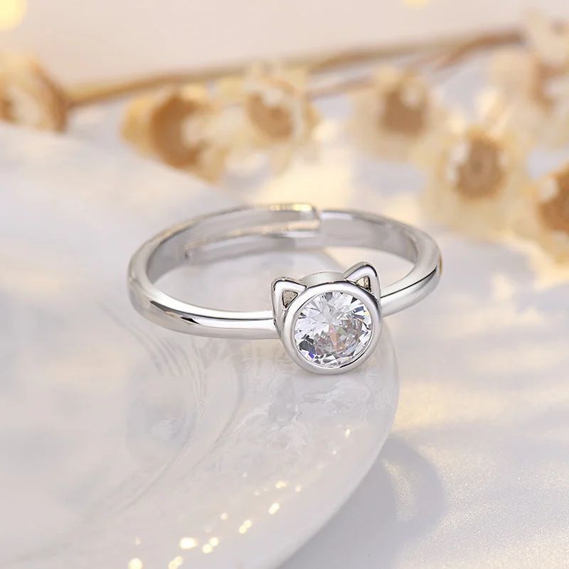 S925 White Gold-Plated Inlaid Zircon Kitten Ring