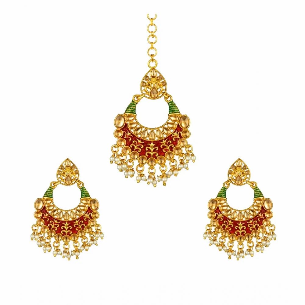 Roneclick Women's Rose Gold Plated Alloy Kundan Earrings &amp; Mangtikka (red &amp; Green)