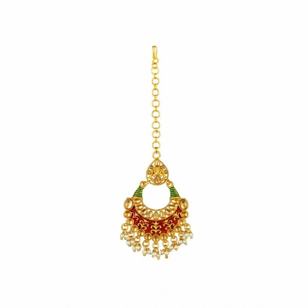 Roneclick Women's Rose Gold Plated Alloy Kundan Earrings &amp; Mangtikka (red &amp; Green)